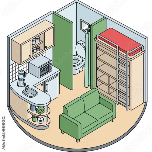 Compact Living Space with Kitchenette Sofa and Loft Bed.