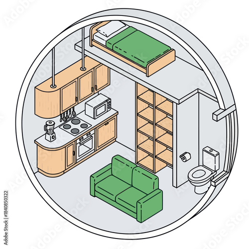 Compact Living Space Interior Design with Loft Bed and Kitchenette.