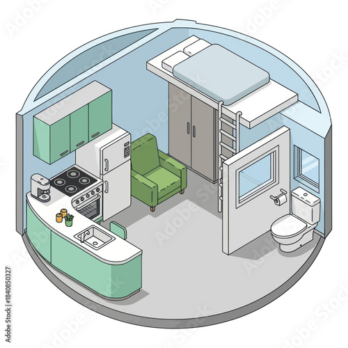 Compact Living Space with Loft Bed and Kitchenette.