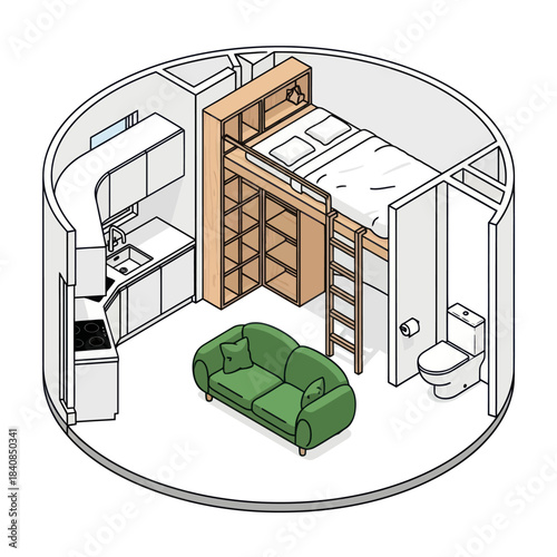 Compact living space with loft bed and kitchenette.