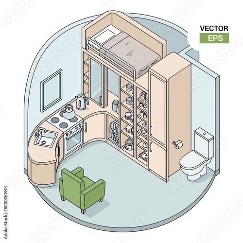 Compact Living Space Isometric View with Kitchen, Bed, and Bathroom.