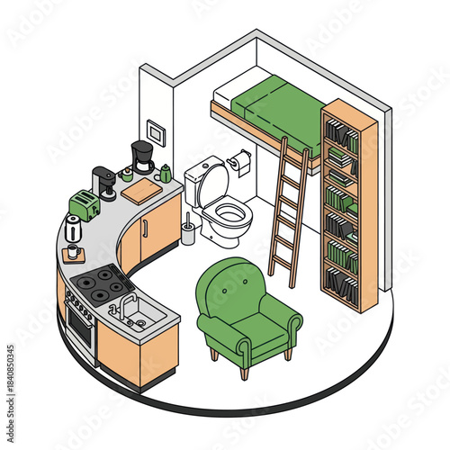 Isometric view of a compact and efficient studio apartment layout.