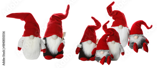 Slika na platnu charming photograph of seven whimsical christmas gnomes wearing red hats and holding gifts, set against a solid transparent background in soft studio light