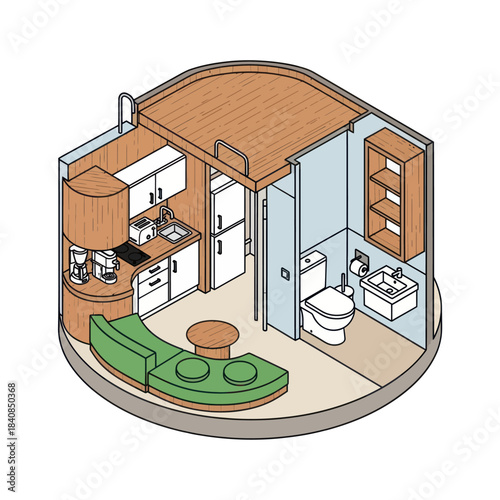 Compact Living Space with Kitchenette and Bathroom.