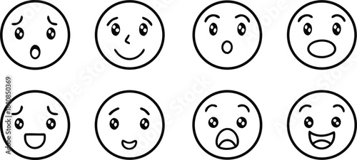 Eight cartoon faces with various expressions emoji