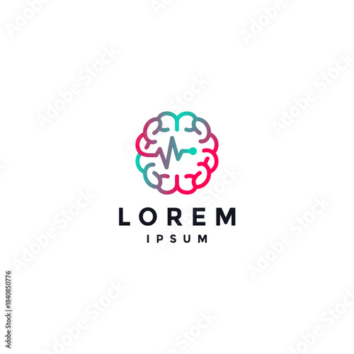 Heartbeat Line in the Brain Logo Design. Pulse Wave Lines Shape Human Brain Logo Design.