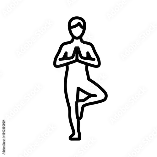Stylized line art icon of a person balancing in a yoga tree pose with hands in prayer.