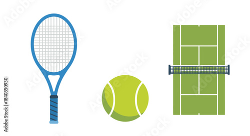 Tennis Equipment Illustration - Racket, Ball, and Court for Sports.