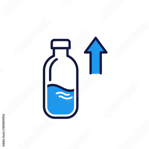 Stylized line icon of a water bottle with blue liquid and an upward arrow, symbolizing an increase in hydration.