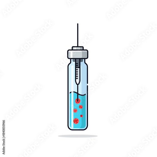 Stylized medical vial illustration with an internal syringe, blue liquid, and red cells.