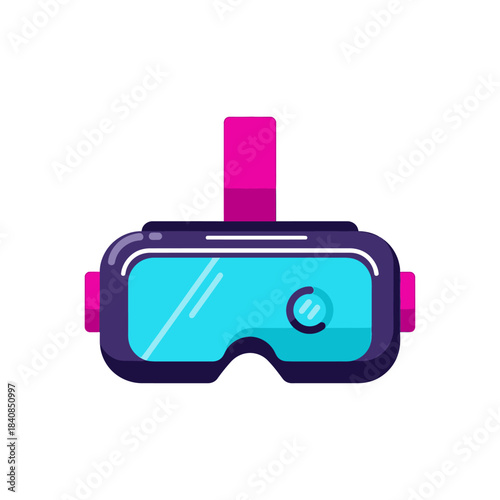 Stylized virtual reality headset with a glossy cyan visor and vibrant magenta straps, flat design illustration.