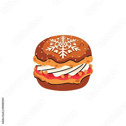 Cute and colorful Christmas macaron with different flavors. Sweet and festive dessert collection with Santa, reindeer, snowman and holiday decorations. Flat vector isolated on white