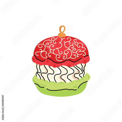 Cute and colorful Christmas macaron with different flavors. Sweet and festive dessert collection with Santa, reindeer, snowman and holiday decorations. Flat vector isolated on white