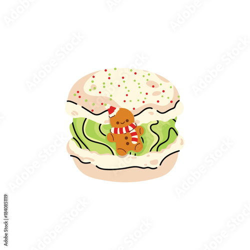 Cute and colorful Christmas macaron with different flavors. Sweet and festive dessert collection with Santa, reindeer, snowman and holiday decorations. Flat vector isolated on white