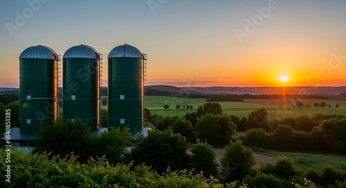Three green silos stand tall against a backdrop of a vibrant sunrise over rolling hills and lush green fields.
