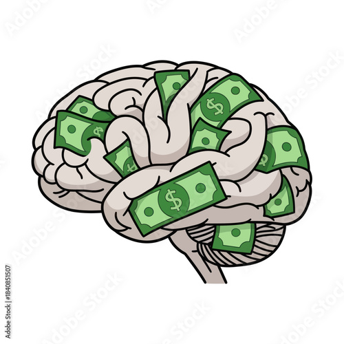 Brain filled with money representing financial intelligence and wealth.