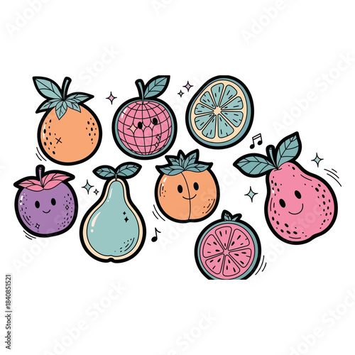 Collection of cute cartoon fruits with happy faces isolated on transparent background isolated on white background