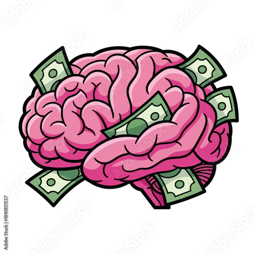 Brain with Money Illustration Representing Financial Intelligence and Wealth.