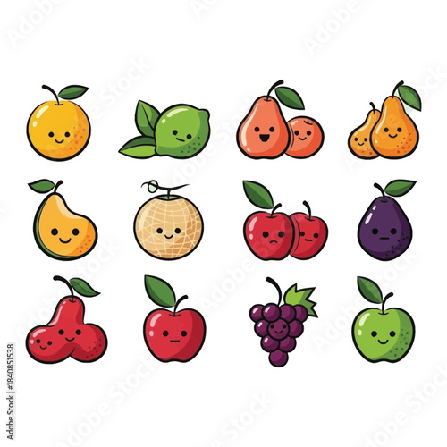 Collection of cute cartoon fruits with faces isolated on transparent background isolated on white background