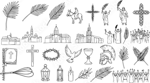 Hand-drawn Religious Christian Symbols and Icons Collection on White Background