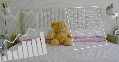HUD overlays appearing around plush teddy bear on bed after data sync, shifting to show analytics