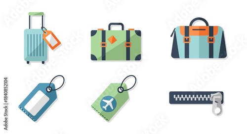 Travel Suitcases and Luggage Tags - Colorful Flat Design Icons for Vacation and Trip Essentials.