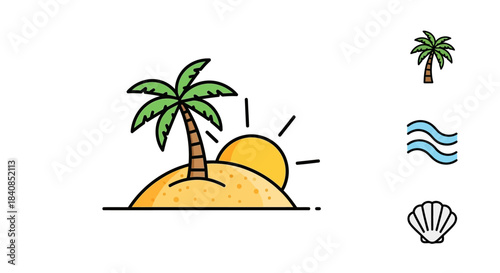 Tropical Island Getaway - Palm Tree, Sun, and Sandy Beach Illustration.