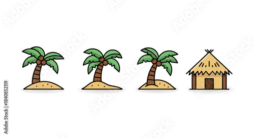Tropical Island Paradise with Palm Trees and Hut Illustration.