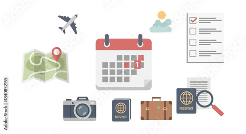 Travel planning essentials - calendar, map, passport, camera, and checklist.