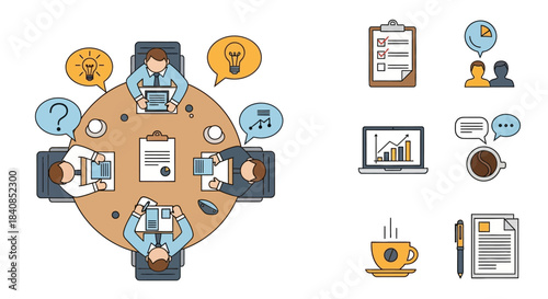 Top-down illustration of a business team meeting around a round table, brainstorming with laptops and idea icons.