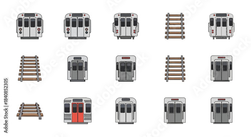 Train Car Front View and Railway Tracks, Isometric Style, Gray and White, Transportation.