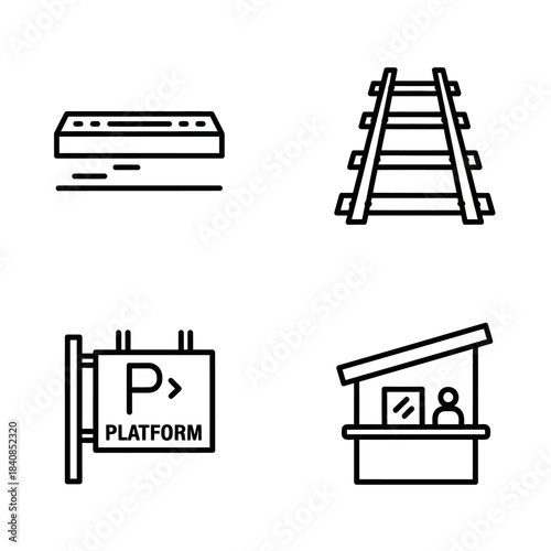 Train Station Icons - Platform Sign, Tracks, Ticket Booth, and Train Car.