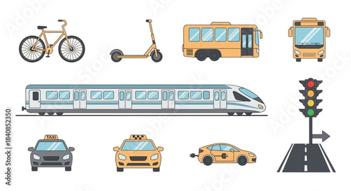Transportation Icons - Bicycle, Scooter, Bus, Train, Taxi, Car, Traffic Light, Road.