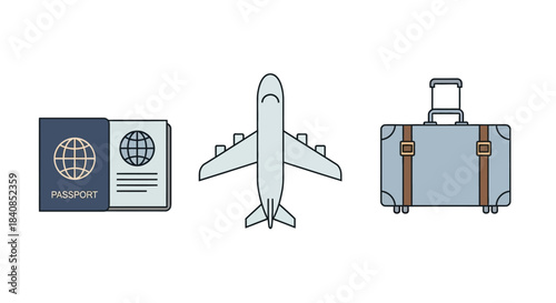 Travel Essentials - Passport, Airplane, and Suitcase Illustration.