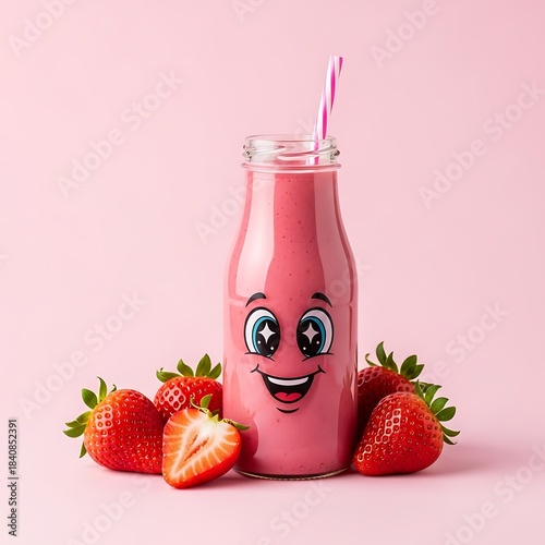 Adorable fruit beverage with a cheerful facial expression rests among fresh strawberries