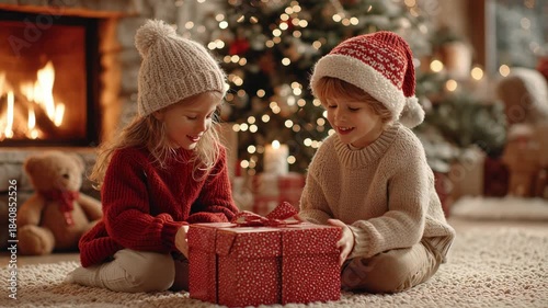 Two kids opening a red gift box on a soft rug girl in red sweater