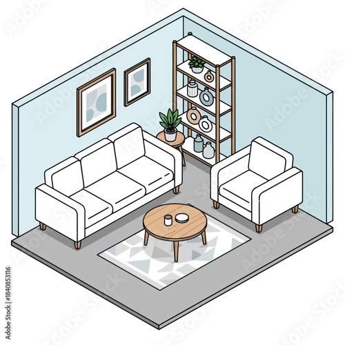 Cozy Living Room Scene with Sofa Armchair and Coffee Table.