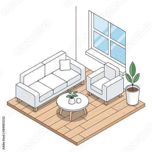 Isometric view of a modern living room with sofa and armchair.