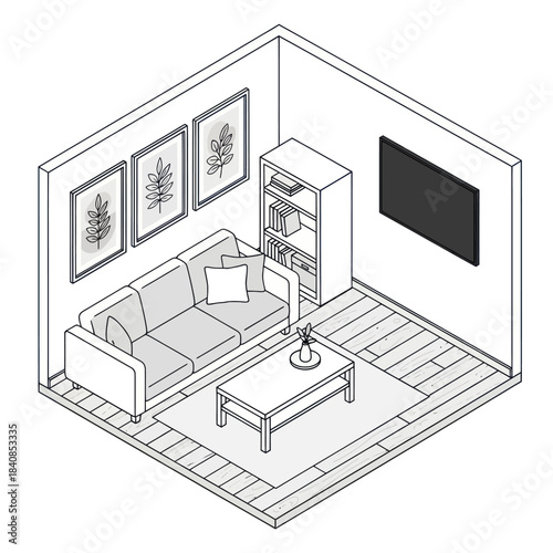 Cozy Living Room Scene with Sofa Bookshelf and Coffee Table.