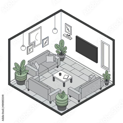 Isometric Living Room Interior Design with Modern Furniture and Plants.