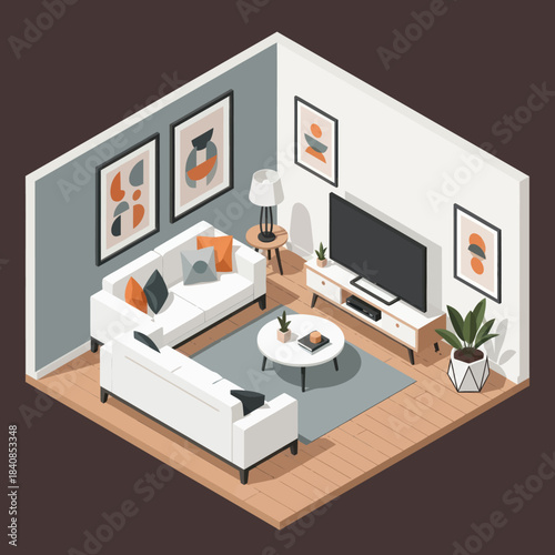 Isometric Living Room Interior with Modern Furniture and Decor.