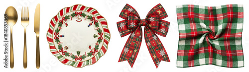 Christmas Table Setting with Festive Plate, Gold Cutlery, Holiday Bow and Plaid Napkin on Transparent Background