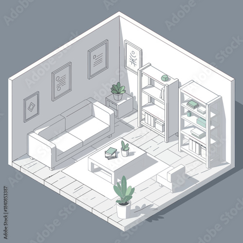 Isometric view of a minimalist living room interior design.