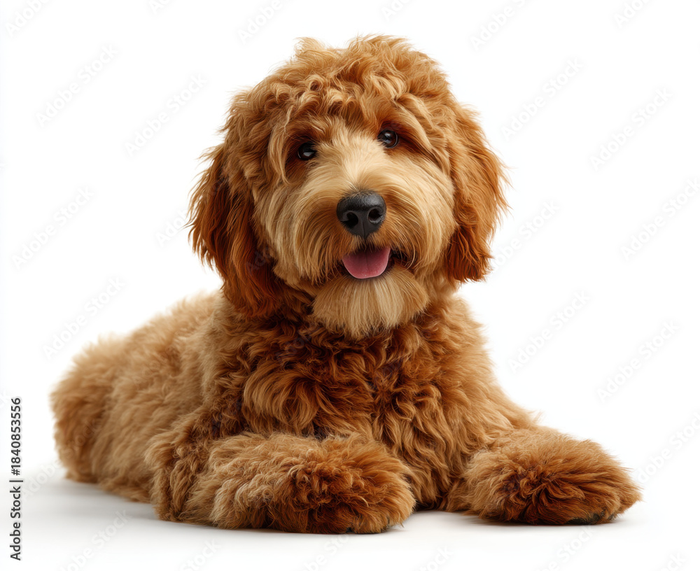 Fototapeta premium Happy and content golden brown labradoodle lies comfortably on white background, showcasing its fluffy coat and playful expression. This adorable dog exudes warmth and friendliness