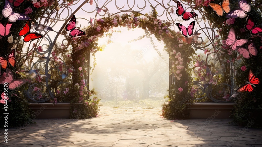 Fototapeta premium An Enchanted Garden Archway Adorned with Lush Roses and Fluttering Butterflies