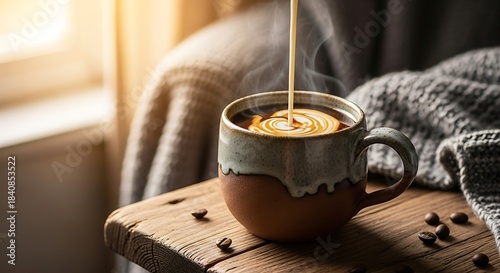 Warm beverage preparation involves pouring cream into a steaming ceramic mug on a rustic wooden surface.