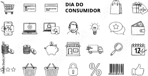 Black and White Line Art Icons for Consumer Day: Shopping Cart, Credit Cards, Piggy Bank, Store, Delivery Truck, Magnifying Glass, Calendar, Barcode, Thumbs Up, and more