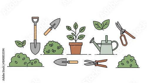 Garden Tools and Plants in Flat Lay Vector Illustration