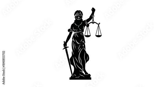 Silhouette of Lady Justice with Scales and Sword on White Background
