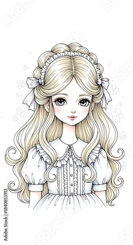Young girl with flowing blonde hair and elaborate white dress is depicted in a detailed illustration